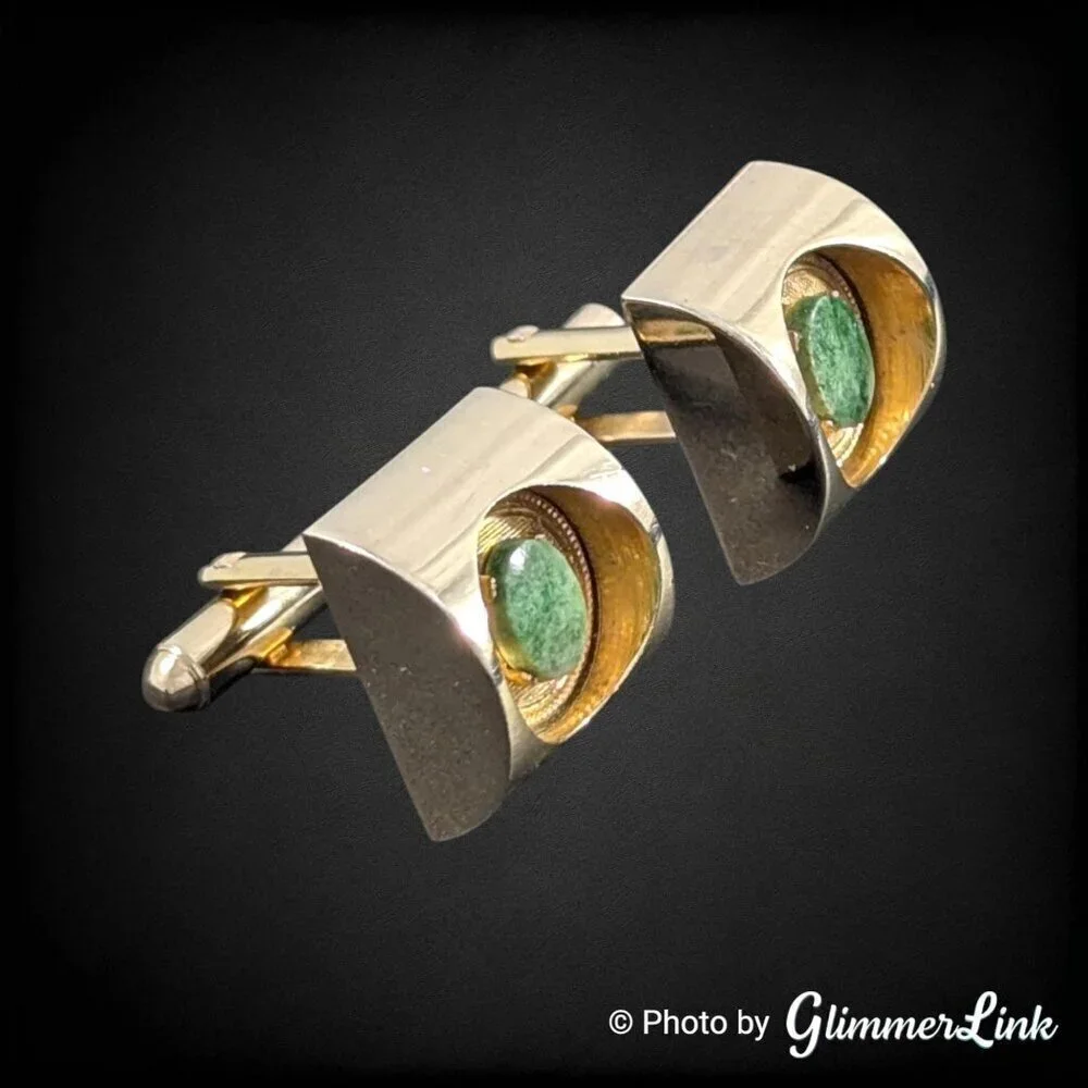 VTG Dante Chunky Dome Green Stone Art Deco Style Gold Tone Cufflinks & Tack Set